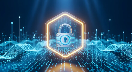 Digital security concept with padlock in hexagon on blue background