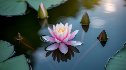 A beautiful pink water lily in full bloom surrounded by lily pads and buds