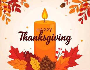 Festive thanksgiving illustration with a burning candle and autumn leaves decoration