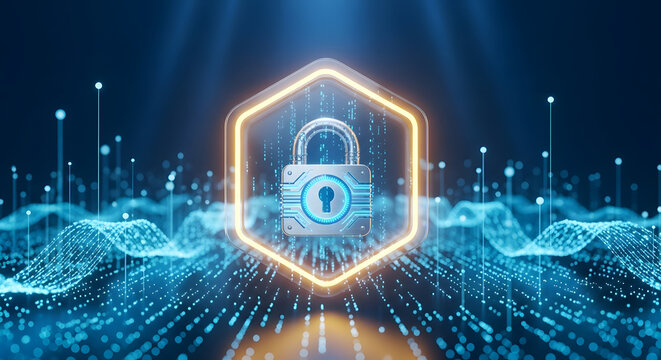 Digital security concept with padlock in hexagon on blue background - Powered by Adobe