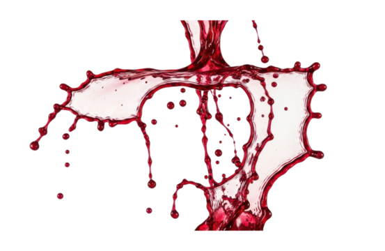 Red liquid splashing and dripping, creating abstract shapes and patterns