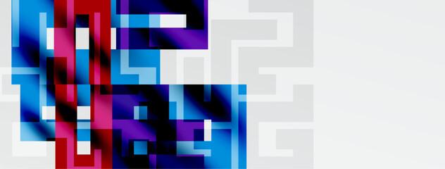 Abstract geometric shapes, vibrant colors, blue, purple, pink, red. Modern design, digital art, clean aesthetic.