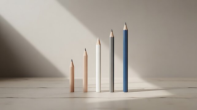 A row of pencils in ascending order on a white surface in the sunlight - Powered by Adobe