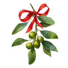 My beautiful hand-drawn Watercolor illustration, set of mistletoe branch with bow isolated on a white background, illustration, AI painting design, vector, eps format
