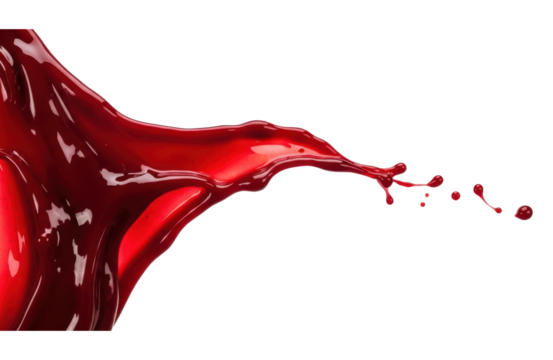 Closeup of a vibrant red liquid splash, showcasing the fluid dynamics and intricate details of the moving substance, with a glossy texture