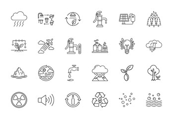 Nature and sustainability line icon set. Vector pictograms of rain cloud, water cycle, dripping faucet, factory, radiation, and recycling, thin linear illustration.
