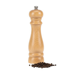 Wooden pepper mill with metal grinder and scattered peppercorns on a clean transparent background isolated object