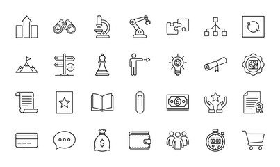 Business and technology line icon set. Vector pictograms of chart, microscope, lightbulb, wallet, people, and cart, thin linear illustration.