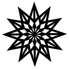 Intricate geometric starburst pattern with sharp points and diamond shapes silhouette isolated on white background