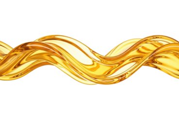 A viscous golden liquid, possibly oil or honey, forms a swirling, wavy ribbon against a stark transparent background