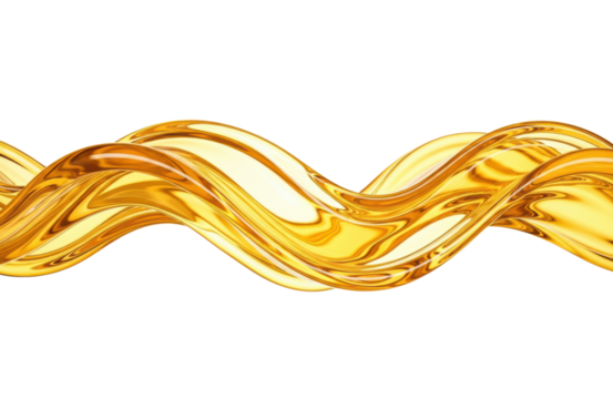 A viscous golden liquid, possibly oil or honey, forms a swirling, wavy ribbon against a stark transparent background