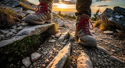 Hiking boots on a rocky trail at sunset with a view of the mountains in the distance adventure awaits