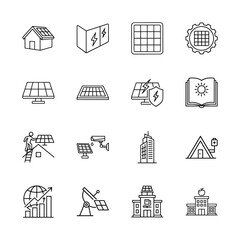Solar energy technology line icon set. Vector pictograms of solar panels, residential house, battery, global grid, education, and installation, thin linear illustration.
