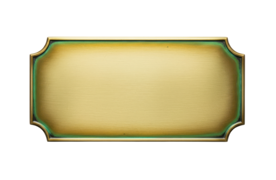 A blank, rectangular brass plate with a slightly curved, ornate border in a muted green hue
