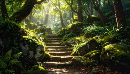 Enchanting forest path with sunlit stone steps surrounded by lush greenery
