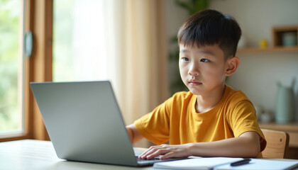 Young asian schoolboy studies online at home with a laptop. Kid attends distant lesson during pandemic. Boy looks concentrated at display with notebook on the table during study.
