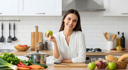 Young woman smiling holding fresh apple in modern kitchen surrounded by healthy food