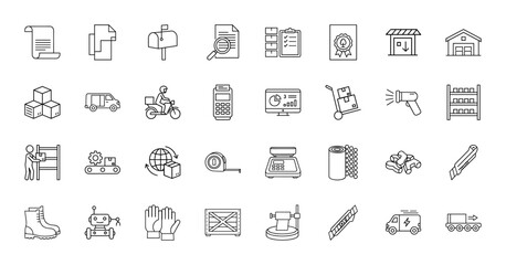 Logistics line icon set. Vector pictograms of documents, mailbox, delivery van, scooter, barcode scanner, warehouse, stacked boxes, and conveyor belt, thin linear illustration.