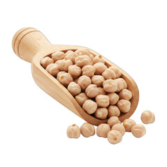 Wooden scoop filled with light brown chickpeas on a transparent background studio lighting