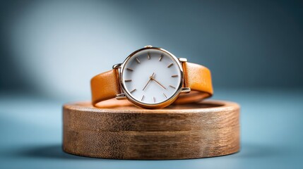 Close-up of a wristwatch with a light orange leather band.