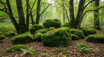 Explore a vibrant green mossy forest scene with ancient trees and fallen leaves, perfect for backgrounds, nature inspiration, or serene landscaping projects