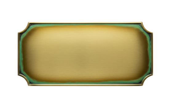 A brass or goldcolored rectangular plaque with ornate, scalloped edges and a green border, isolated on a transparent background, suitable for a decorative sign