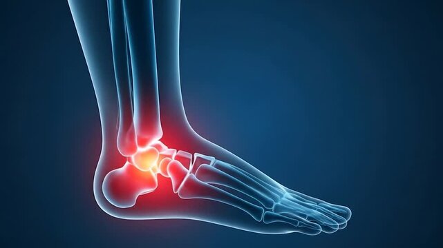 3D medical illustration of human foot anatomy showing a glowing red highlight on the ankle joint, symbolizing pain, inflammation, or injury within the skeletal structure