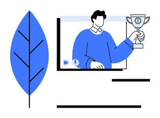 Man holding a trophy in a video call representing remote achievement and digital recognition. Ideal for virtual events, leadership, team success, awards, digital platforms, remote work, and online