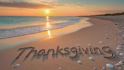 Golden sunset over a tranquil beach with the word Thanksgiving written in seashells on the sand, peaceful holiday coastal landscape.