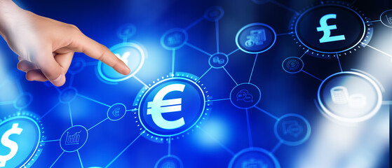 Euro icon on virtual screen. Online banking currencies exchange financial concept