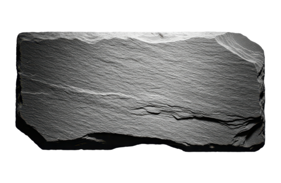 A dark gray slate stone with a distinct layered texture and irregular edges, presented isolated on a clean transparent background for versatile use
