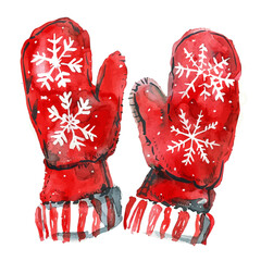 A beautiful watercolor cozy red mittens with snow isolated on a white background, Hand-painted watercolor design, vectorized, painting style, vector set available in EPS format.