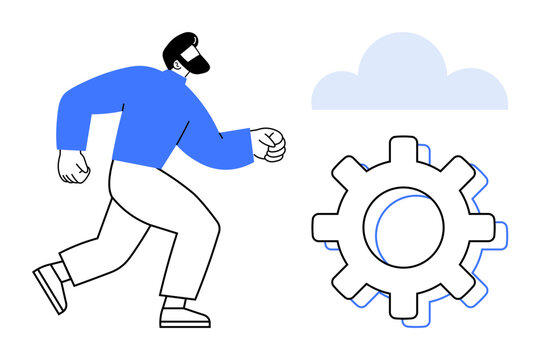 Bearded man walking towards gear under cloud, symbolizing process, innovation, teamwork, automation, leadership, growth and adaptation. Ideal for workflow productivity mechanics themes. Minimal