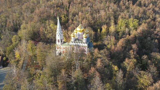Aerial view of Shipka Monastery Holy Nativity, known as Russian church in town of Shipka, Stara Zagora Region, Bulgaria