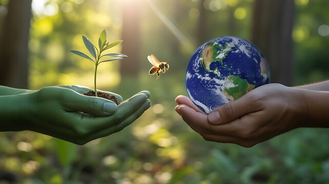 Hands holding a plant and the earth, symbolizing environmental conservation