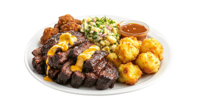 Sliced beef brisket with sides isolated on a transparent background