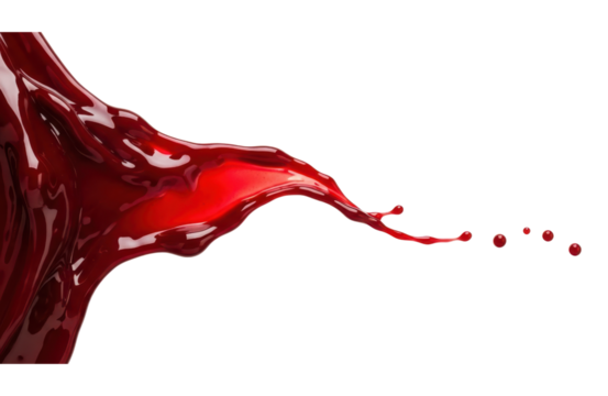 A dynamic splash of red liquid, possibly wine or paint, captured in motion against a clean transparent background, showcasing fluid dynamics and abstract artistry