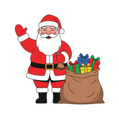 A cheerful cartoon Santa Claus in his red suit and hat, waving with one hand and holding a small bag, standing next to a large sack filled with colorful Christmas presents.