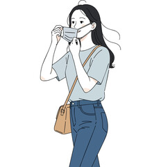 Create a Simple vector illustration of a young woman removing her mask while out and about vector art with white background..