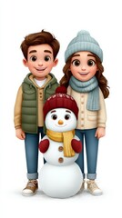 Two cheerful children, a boy and a girl, wearing winter clothing, stand beside a snowman adorned with a scarf and hat, celebrating the joy of winter and holiday season