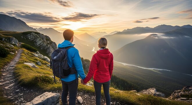 Couple holding hands overlooking mountain range at sunset on a hiking trail with a backpack on