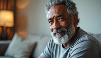 Elderly African American man with grey beard sits on sofa. Mature gentleman looks kindly at camera, relaxed indoors, silver hair style, calm expression.