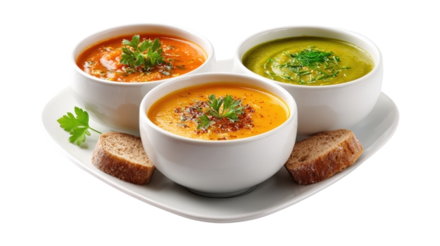 Three bowls of soup with bread isolated on a transparent background