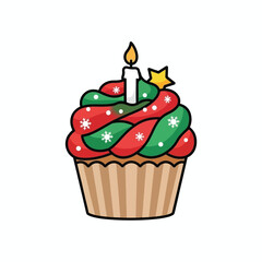 A festive Christmas cupcake with red and green frosting, decorated with white snowflakes, a lit candle, and a yellow star on top.