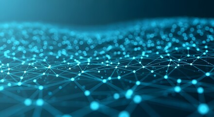A blue abstract network with connected dots and lines representing data or technology concept