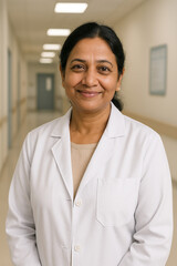 “A professional Indian female doctor standing confidently in a bright hospital corridor, wearing a white lab coat and a warm smile.