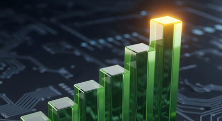 Green bar graph showing growth on a dark circuit board background