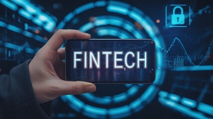 Fintech innovation displayed on a smartphone screen with digital background
