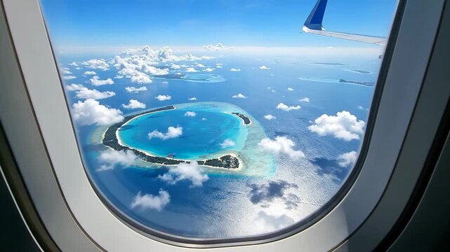 A Stunning Aerial View of Turquoise Waters and Lush Green Islands Captured from an Airplane Window, Showcasing the Beauty of Nature from Above