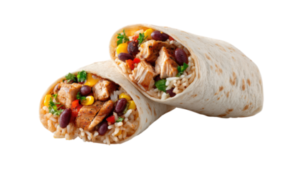 Two Chicken Burritos with Rice Beans isolated on a transparent background